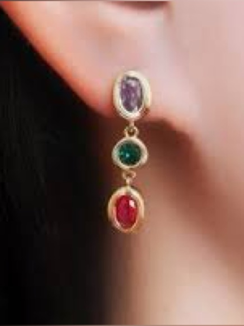 Sterling 925 Gold vermeil Drop Earrings with amethyst ; emerald and Ruby Stones - Picture 3 of 8
